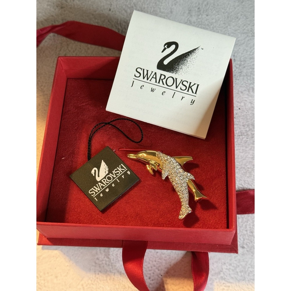 Vintage Swarovski Crystal Dolphins Gold tone Brooch